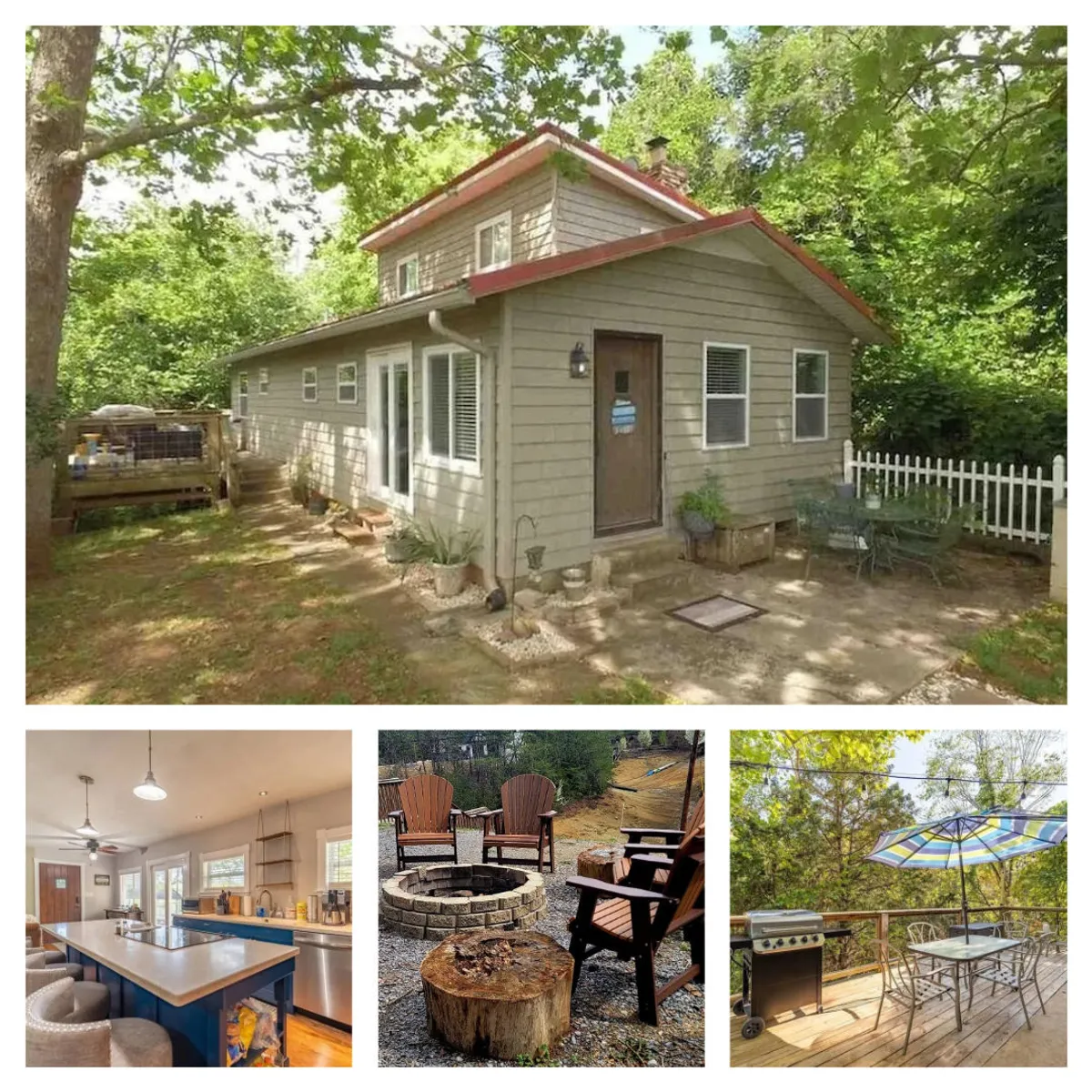 The image showcases a charming rustic cottage with a welcoming outdoor seating area, a cozy fire pit, and scenic views perfect for gathering at sunset. The space is set up for outdoor dining, relaxation, and enjoying the natural beauty of Douglas Lake and the Smoky Mountains.
